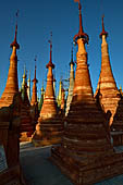 Inle Lake Myanmar. Indein, on the summit of a hill the  Shwe Inn Thein Paya a cluster of hundreds of ancient stupas. Many of them are ruined and overgrown with bushes. 